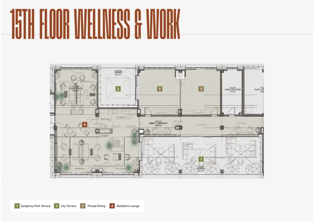 Floorplan of the 15th-floor wellness and work level at Vita Living Circle Square North, showing Symphony Park Terrace, City Terrace, private dining and the residents lounge