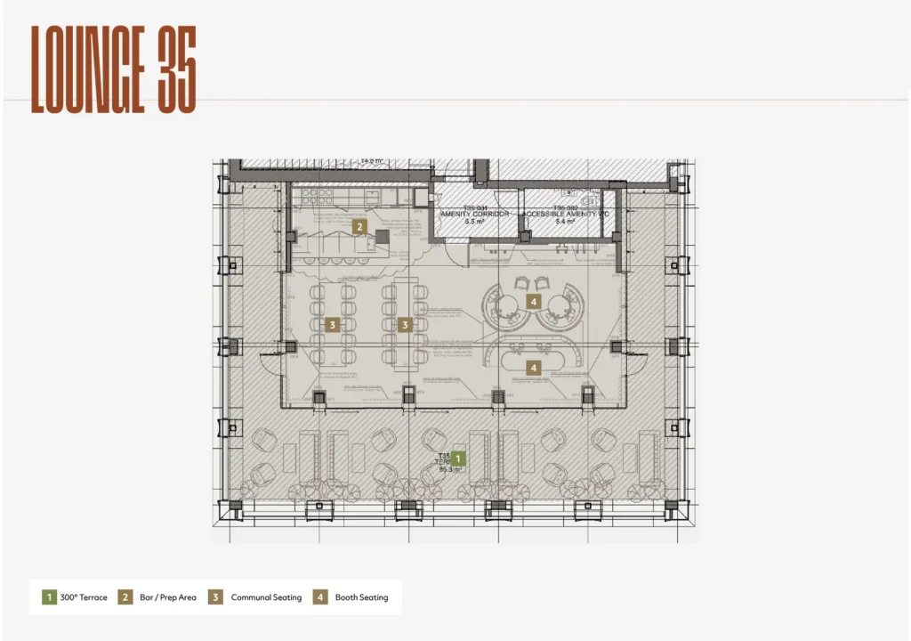 Floorplan of Lounge 35 at Vita Living Circle Square North, showing the 300-degree terrace, bar and prep area, communal seating and booth seating