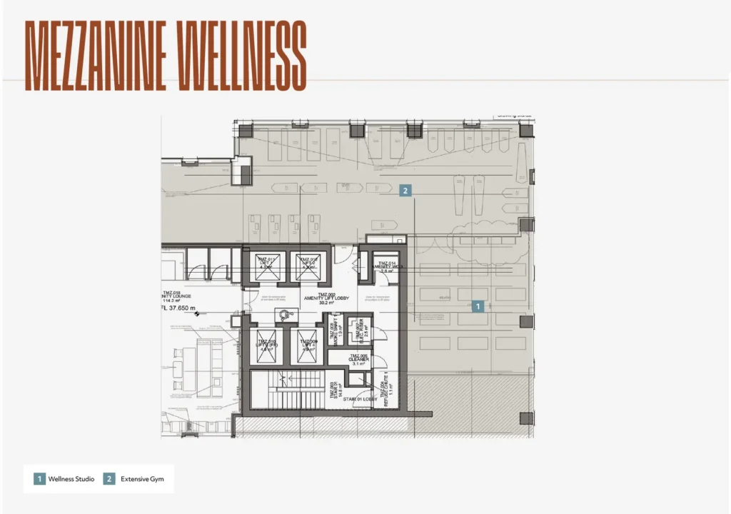 Floorplan of the mezzanine wellness level at Vita Living Circle Square North
